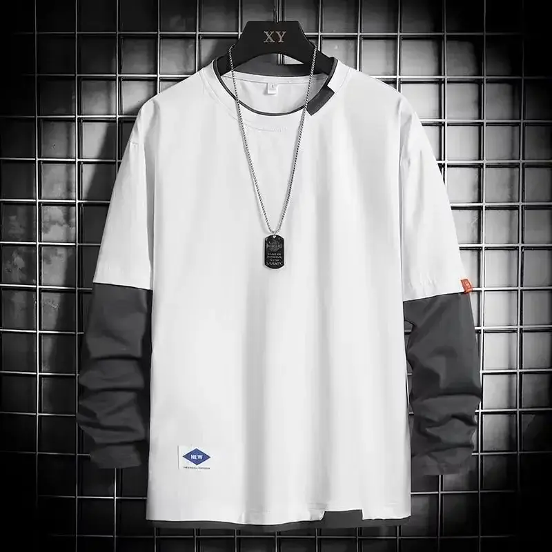 Men Long Sleeve T-Shirt Blue White Loose Fit - Image 15