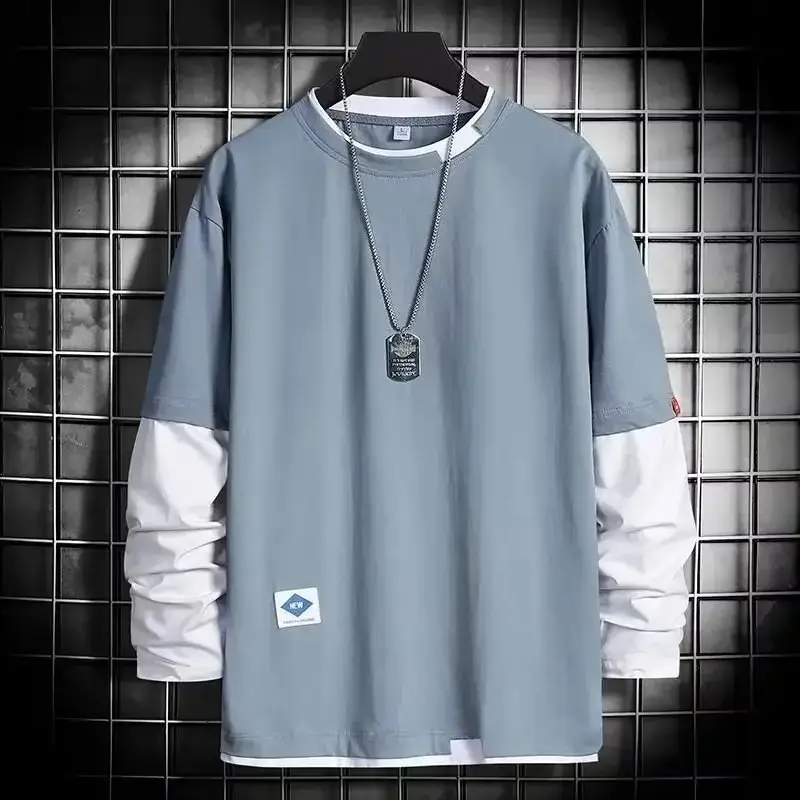 Men Long Sleeve T-Shirt Blue White Loose Fit - Image 18