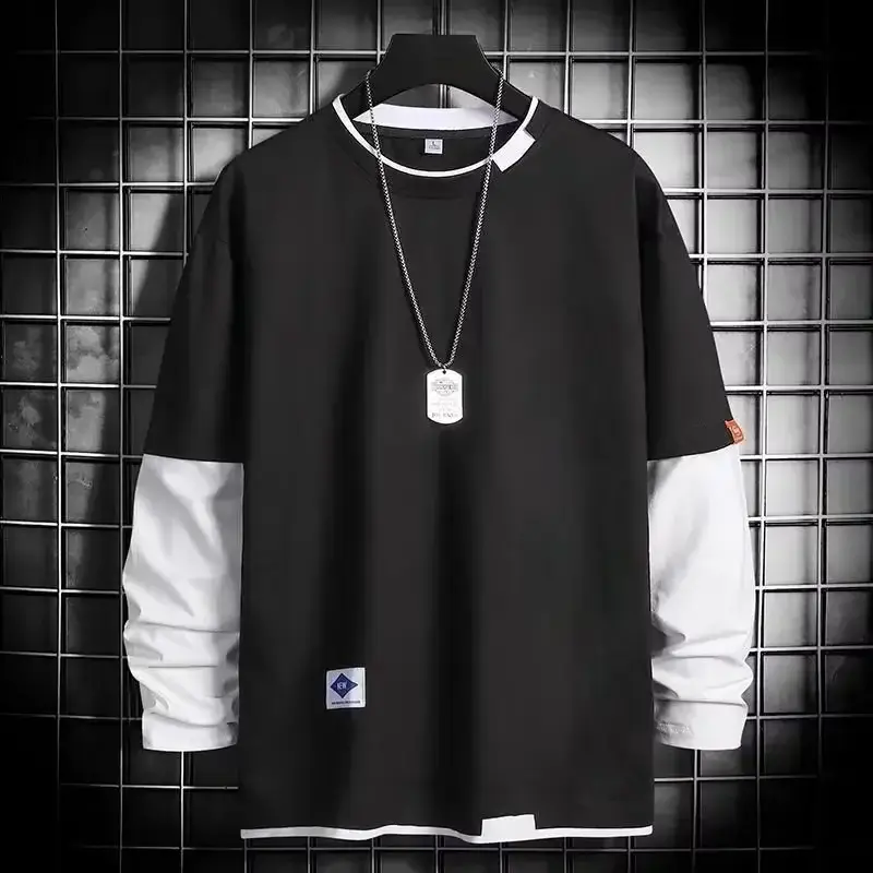 Men Long Sleeve T-Shirt Blue White Loose Fit - Image 3