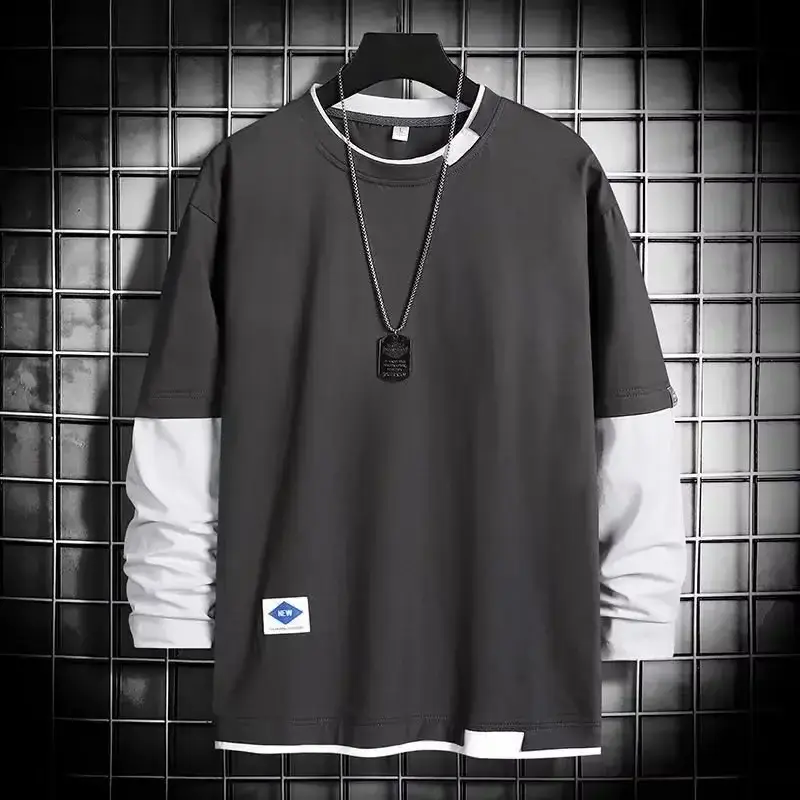 Men Long Sleeve T-Shirt Blue White Loose Fit - Image 7