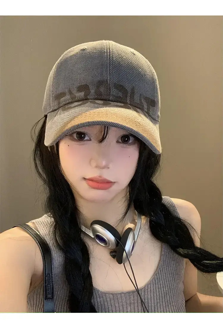 Women's Black Washed Cap with White Letter Embroidery — feature 10