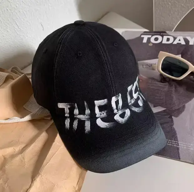 Women's Black Washed Cap with White Letter Embroidery — feature 18