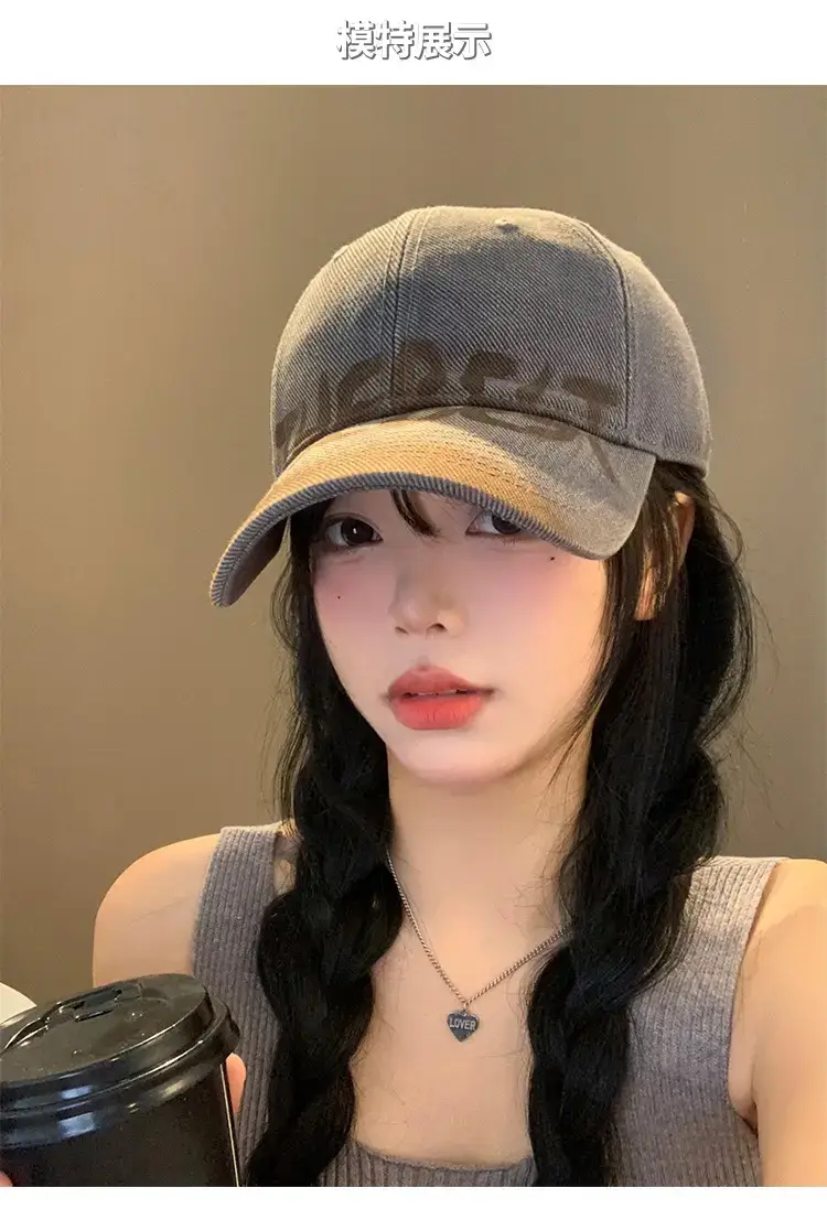 Women's Black Washed Cap with White Letter Embroidery — feature 9