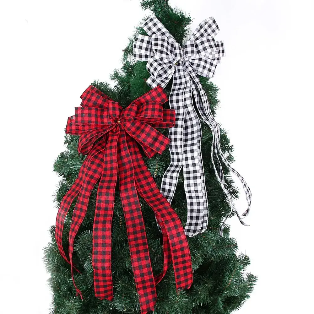 Red Black Checkered Bow for Christmas Tree Top - Image 3