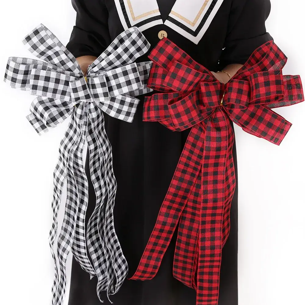 Red Black Checkered Bow for Christmas Tree Top - Image 4