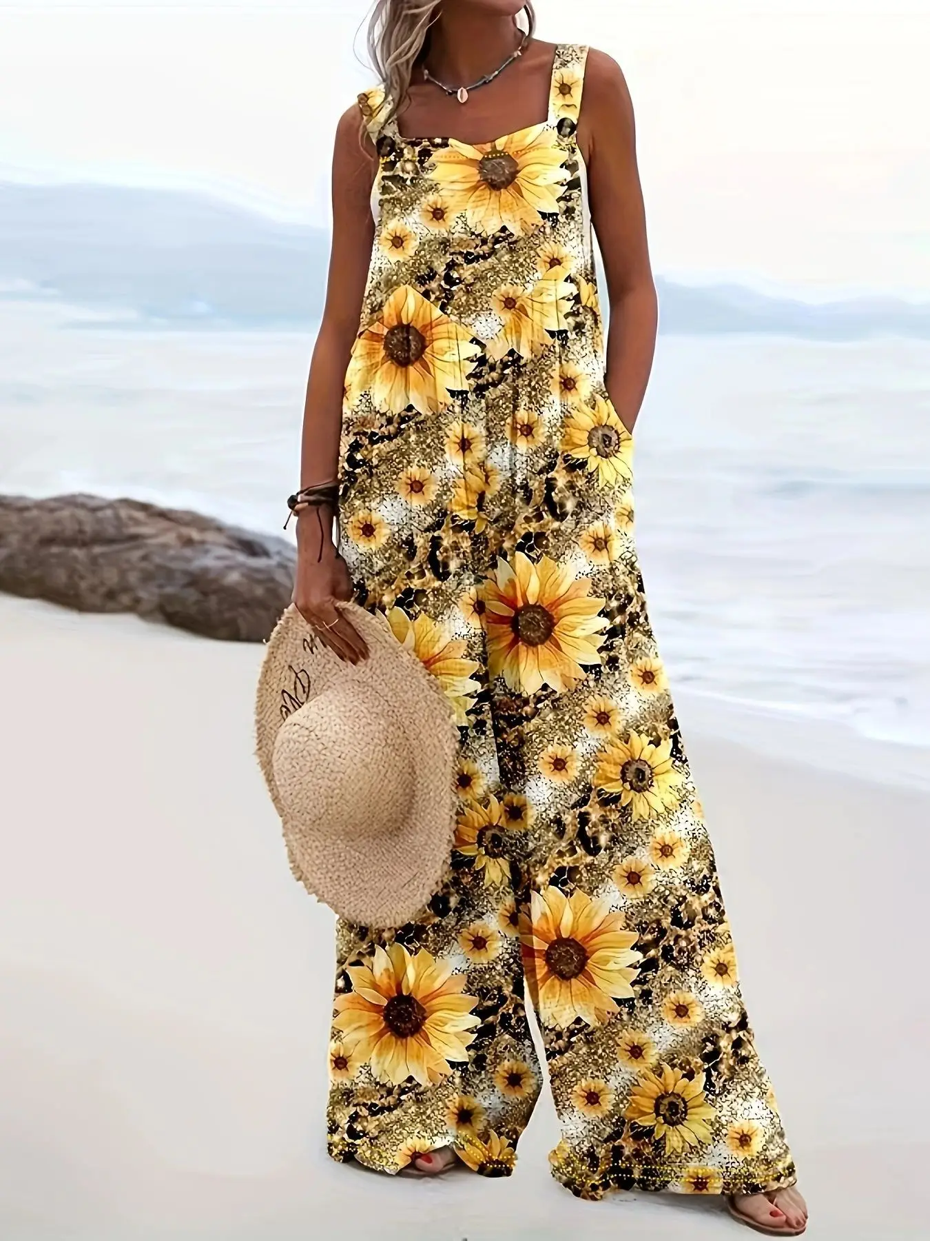 Wide Leg Printed Sunflower Jumpsuit for Women - Image 8