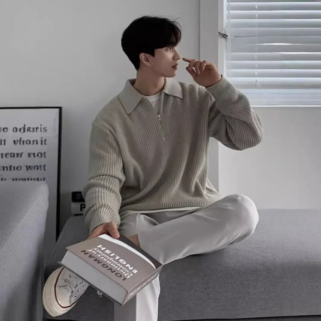 Men's Beige Knitted Polo Collar Sweater Set - Image 5