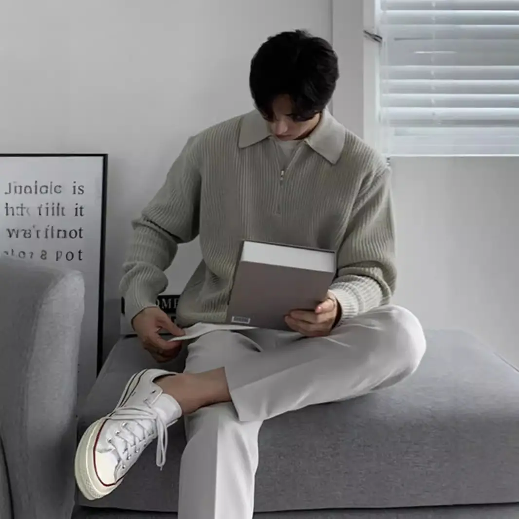 Men's Beige Knitted Polo Collar Sweater Set - Image 6