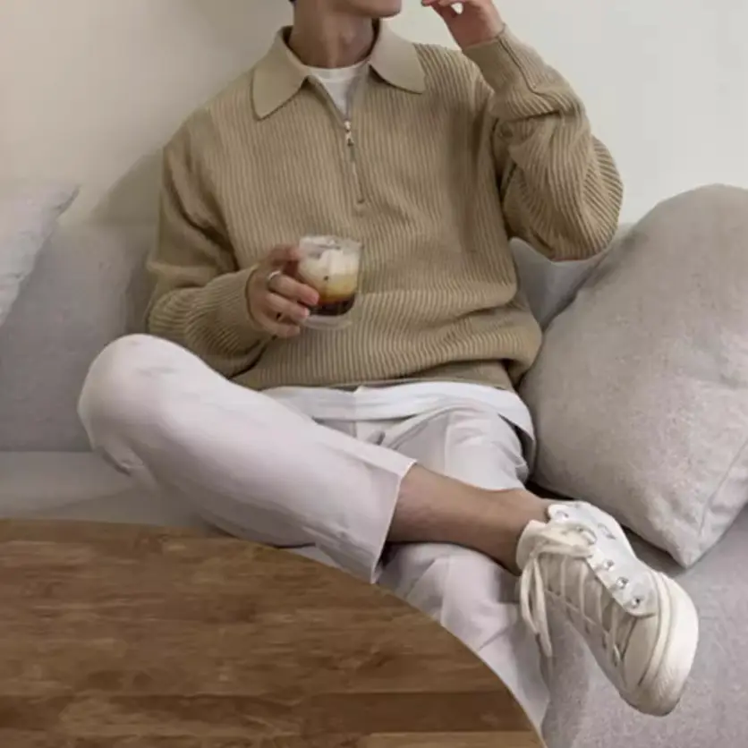 Men's Beige Knitted Polo Collar Sweater Set - Image 7