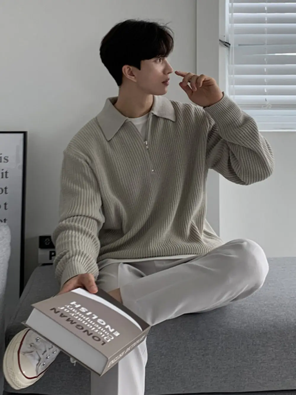 Men's Beige Knitted Polo Collar Sweater Set - Image 2