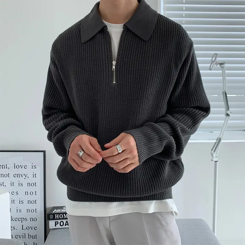 Men's Beige Knitted Polo Collar Sweater Set - Image 3