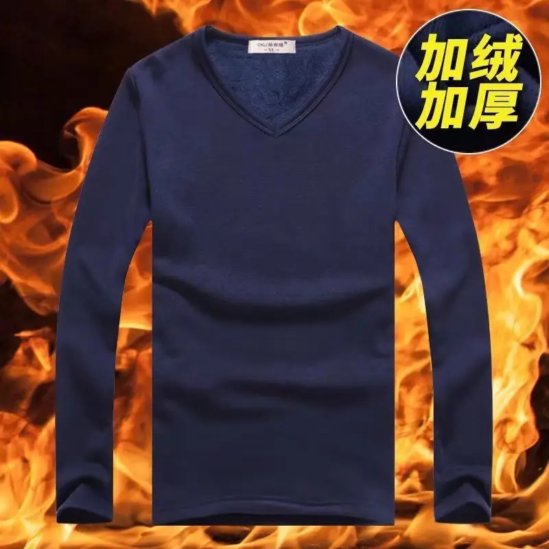 Velvet long-sleevedVneck-navy blue