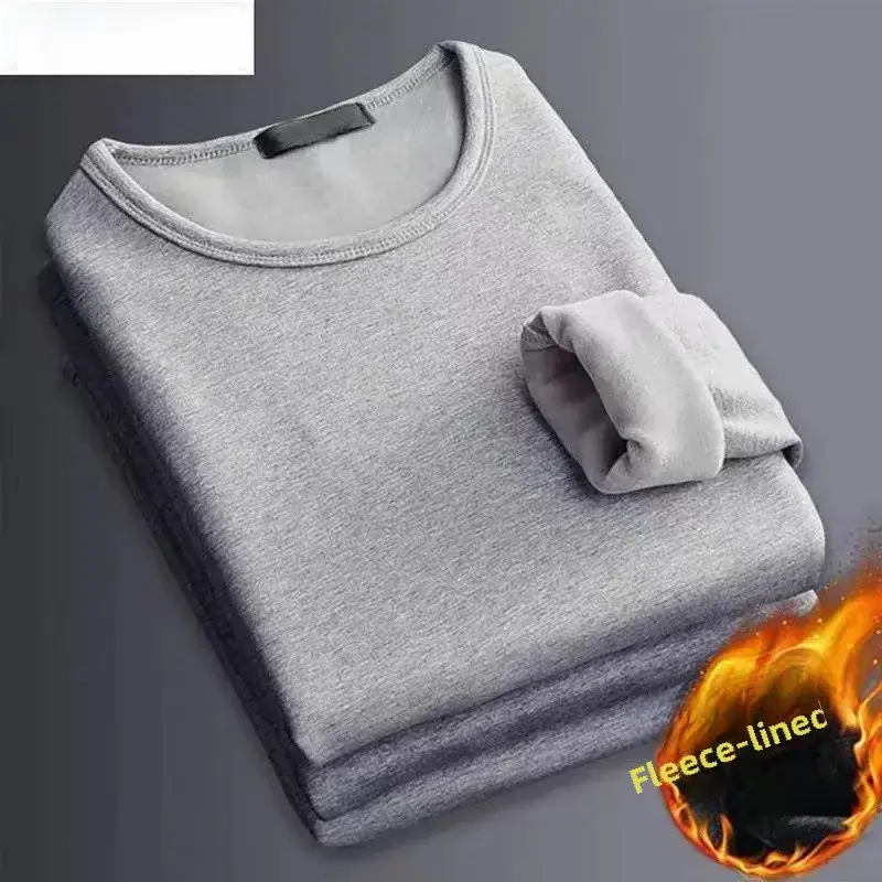 Men V-neck Fleece Lined Thermal Shirt Grey Winter Long Sleeve