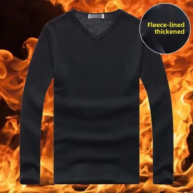 Men V-neck Fleece Lined Thermal Shirt Grey Winter Long Sleeve