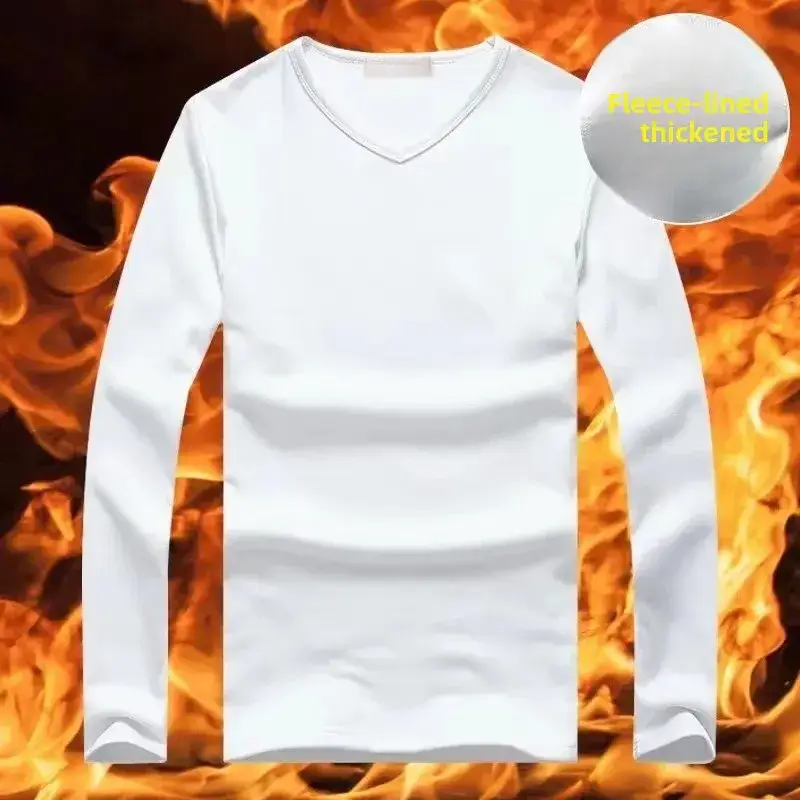 Men V-neck Fleece Lined Thermal Shirt Grey Winter Long Sleeve