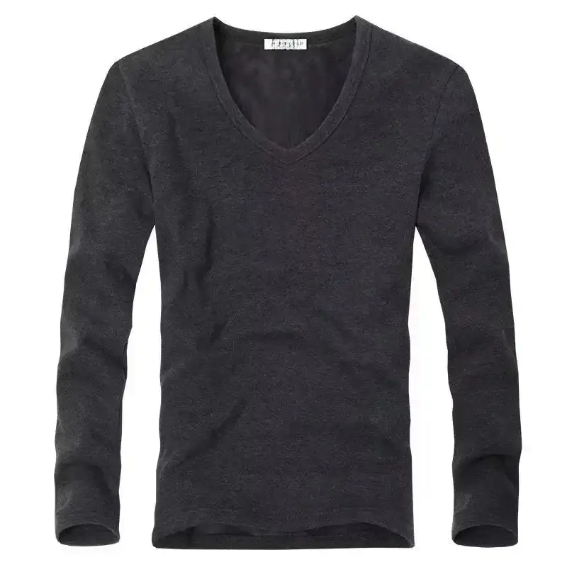 Men V-neck Fleece Lined Thermal Shirt Grey Winter Long Sleeve