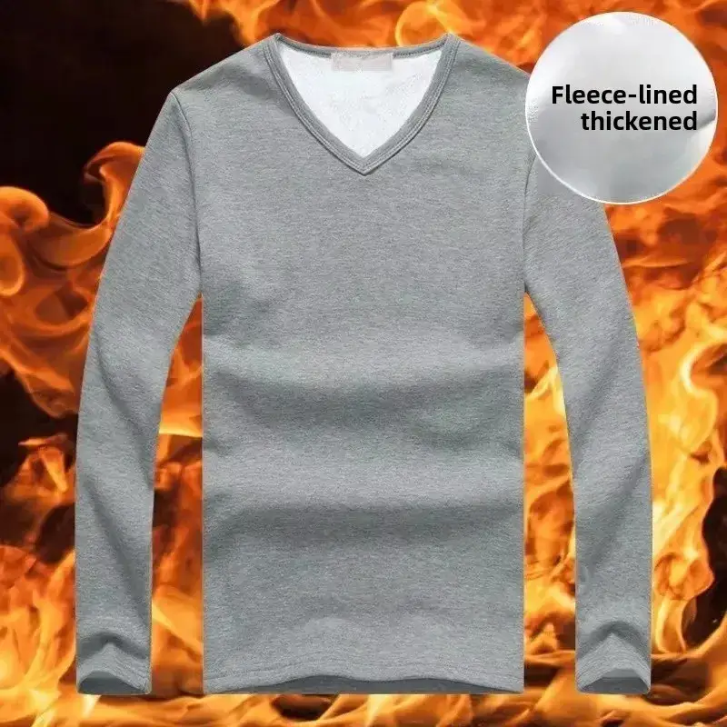 Men V-neck Fleece Lined Thermal Shirt Grey Winter Long Sleeve