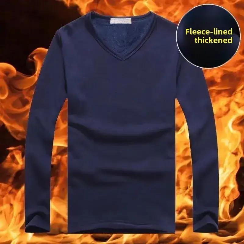 Men V-neck Fleece Lined Thermal Shirt Grey Winter Long Sleeve