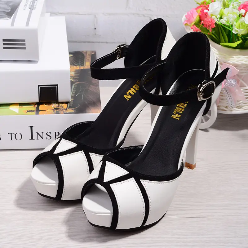 Black White Hollow-Over Buckle Stiletto Sandals for Women