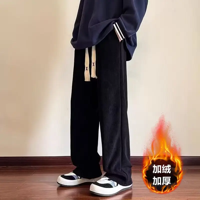 Men's Plus Size Fleece Loose Straight Pants White - Image 7