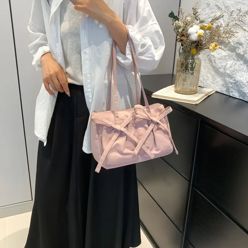 Pink Bow Shoulder Bag for Women Large Capacity Casual Commuter - Image 6