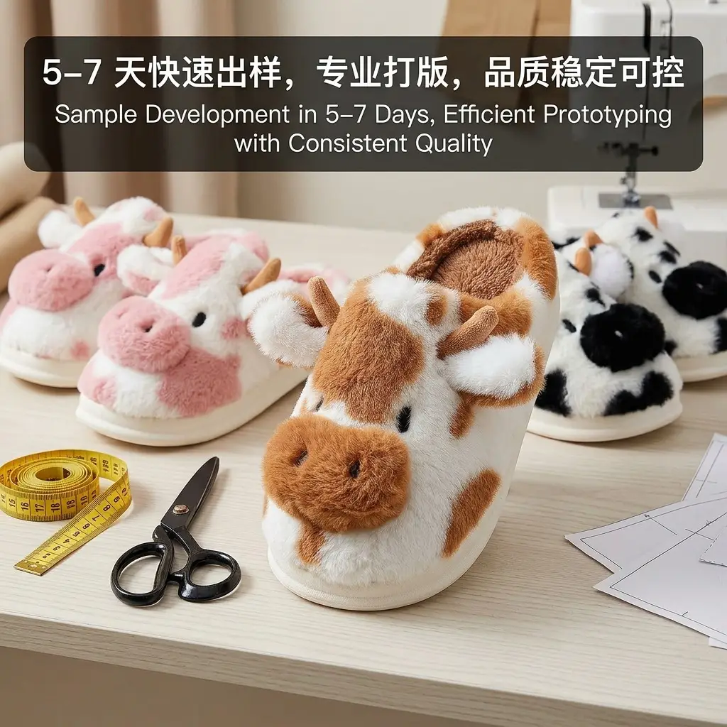 New Cross-Border Style Spotted Cow Fur Slippers for Indoor Home Use, Cotton Slippers with Thick Plush Soles for Autumn and Winter - Image 5