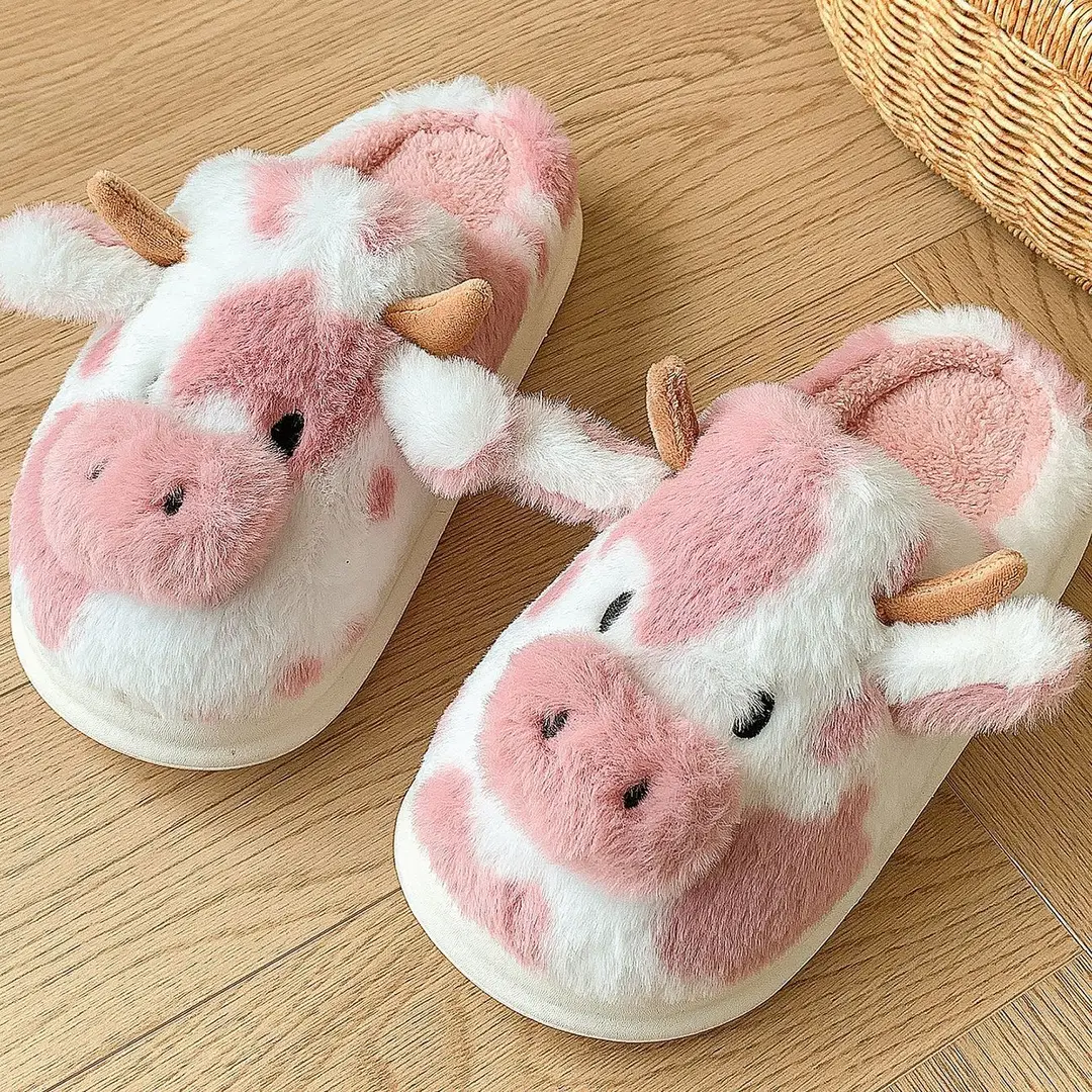 New Cross-Border Style Spotted Cow Fur Slippers for Indoor Home Use, Cotton Slippers with Thick Plush Soles for Autumn and Winter - Image 2