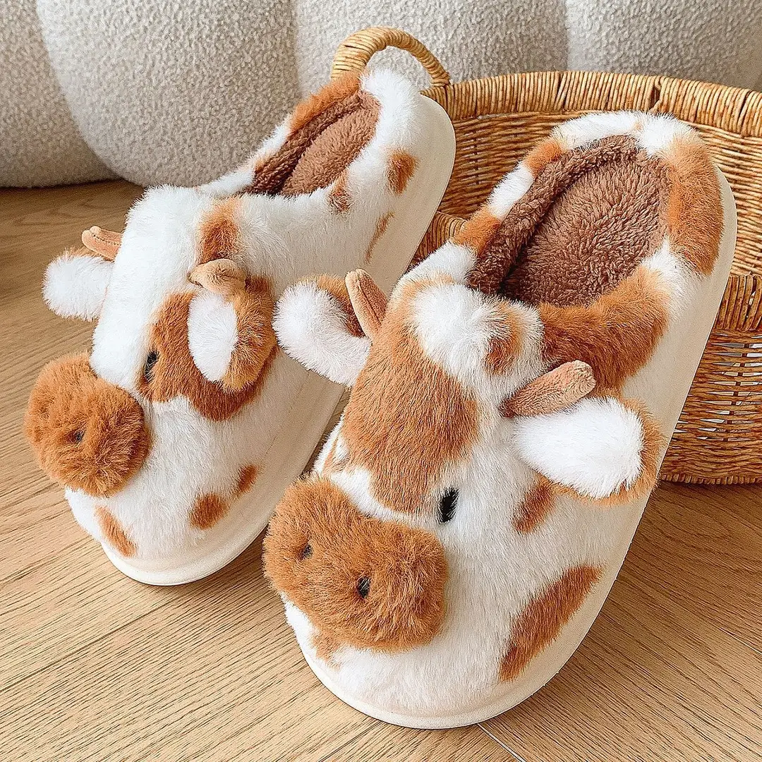 New Cross-Border Style Spotted Cow Fur Slippers for Indoor Home Use, Cotton Slippers with Thick Plush Soles for Autumn and Winter - Image 3
