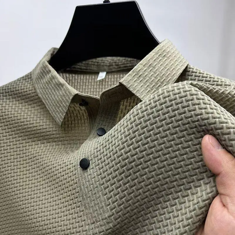 Men Bamboo Waffle Polo T-Shirt Dark Blue Short Sleeve