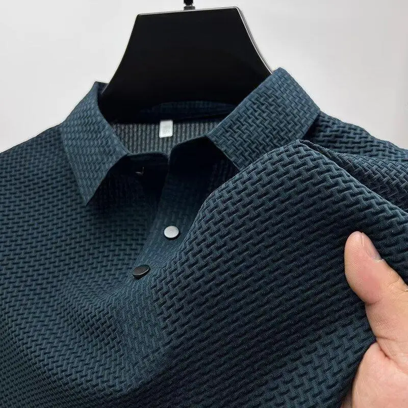 Men Bamboo Waffle Polo T-Shirt Dark Blue Short Sleeve