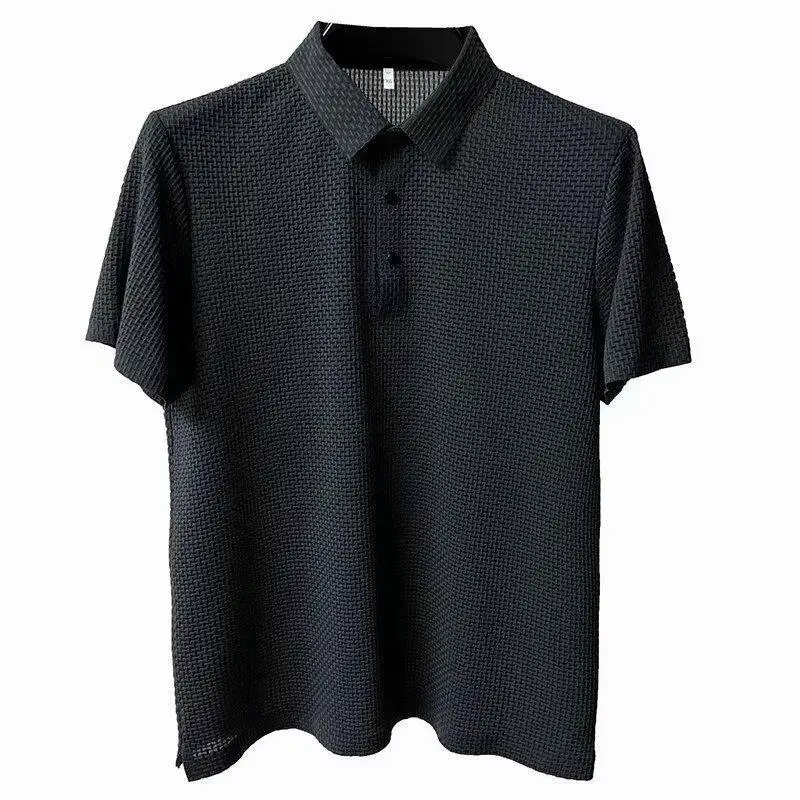 Men Bamboo Waffle Polo T-Shirt Dark Blue Short Sleeve
