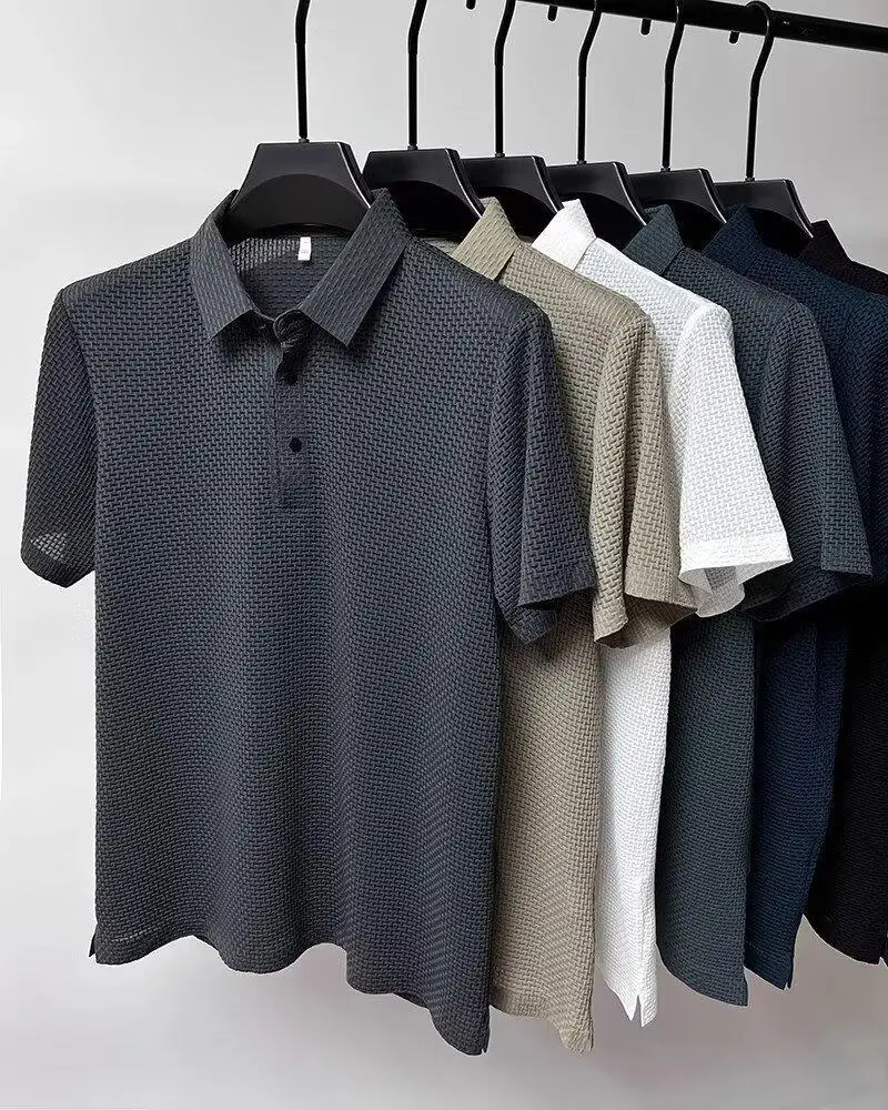 Men Bamboo Waffle Polo T-Shirt Dark Blue Short Sleeve — feature 1