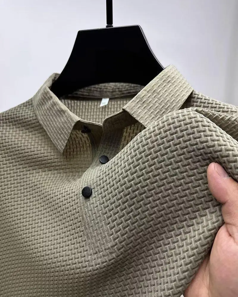 Men Bamboo Waffle Polo T-Shirt Dark Blue Short Sleeve — feature 10