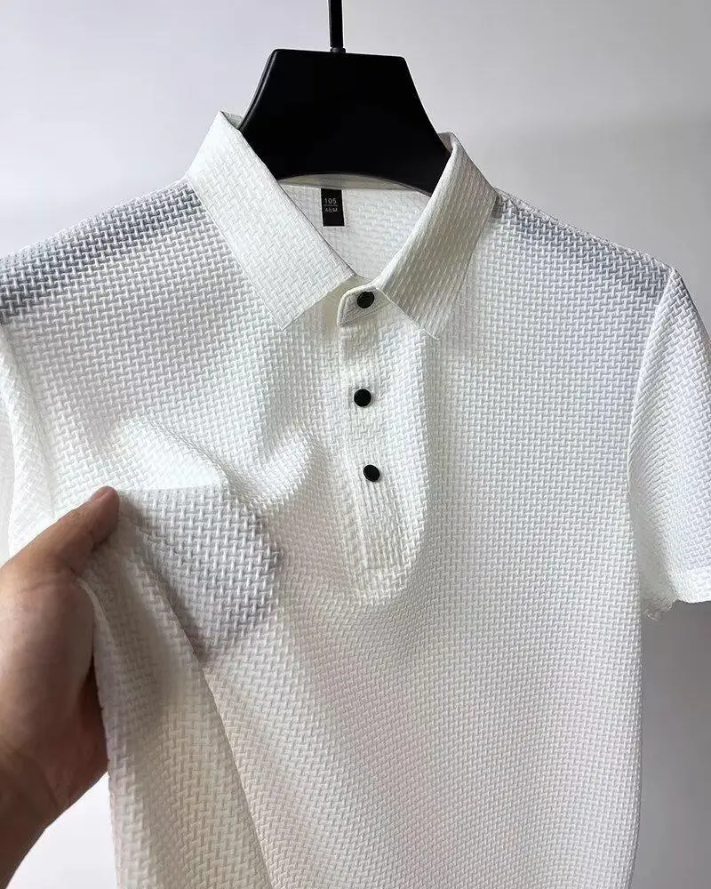 Men Bamboo Waffle Polo T-Shirt Dark Blue Short Sleeve — feature 11