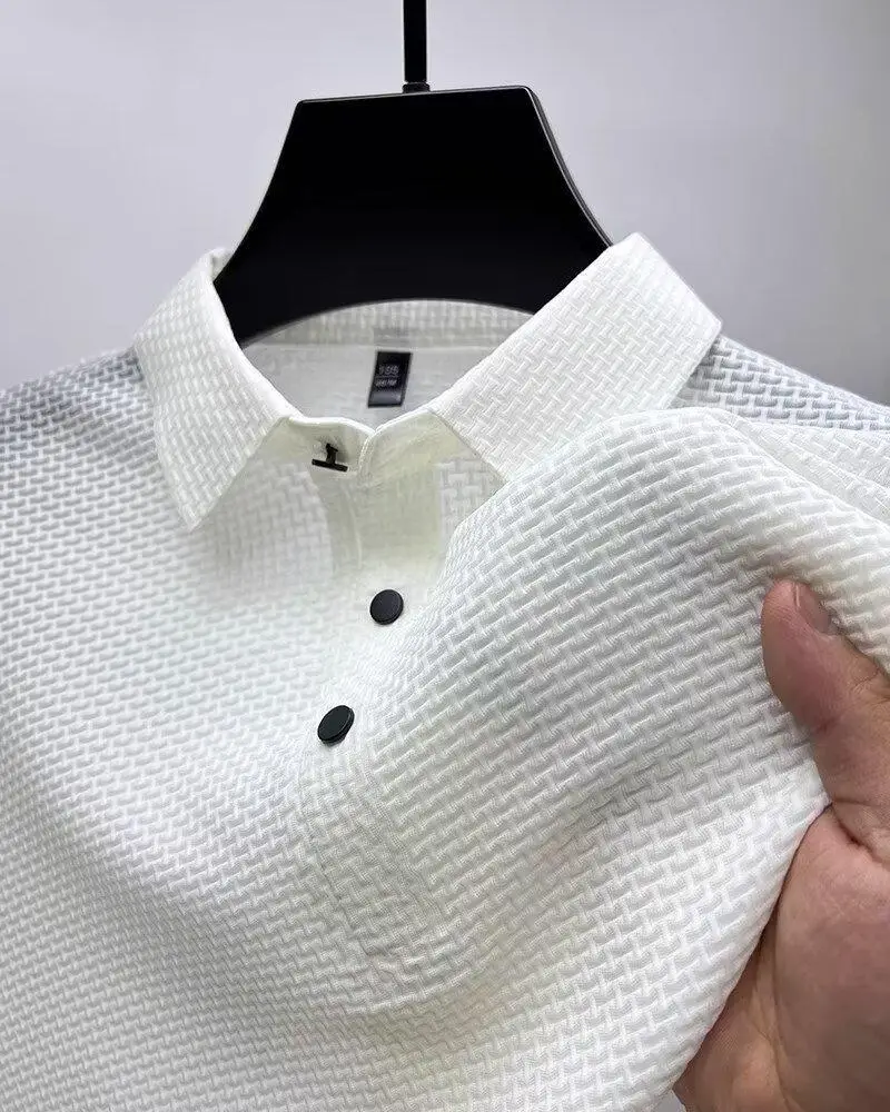 Men Bamboo Waffle Polo T-Shirt Dark Blue Short Sleeve — feature 12