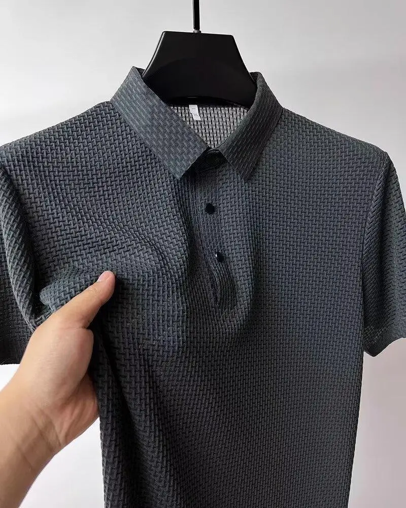 Men Bamboo Waffle Polo T-Shirt Dark Blue Short Sleeve — feature 5