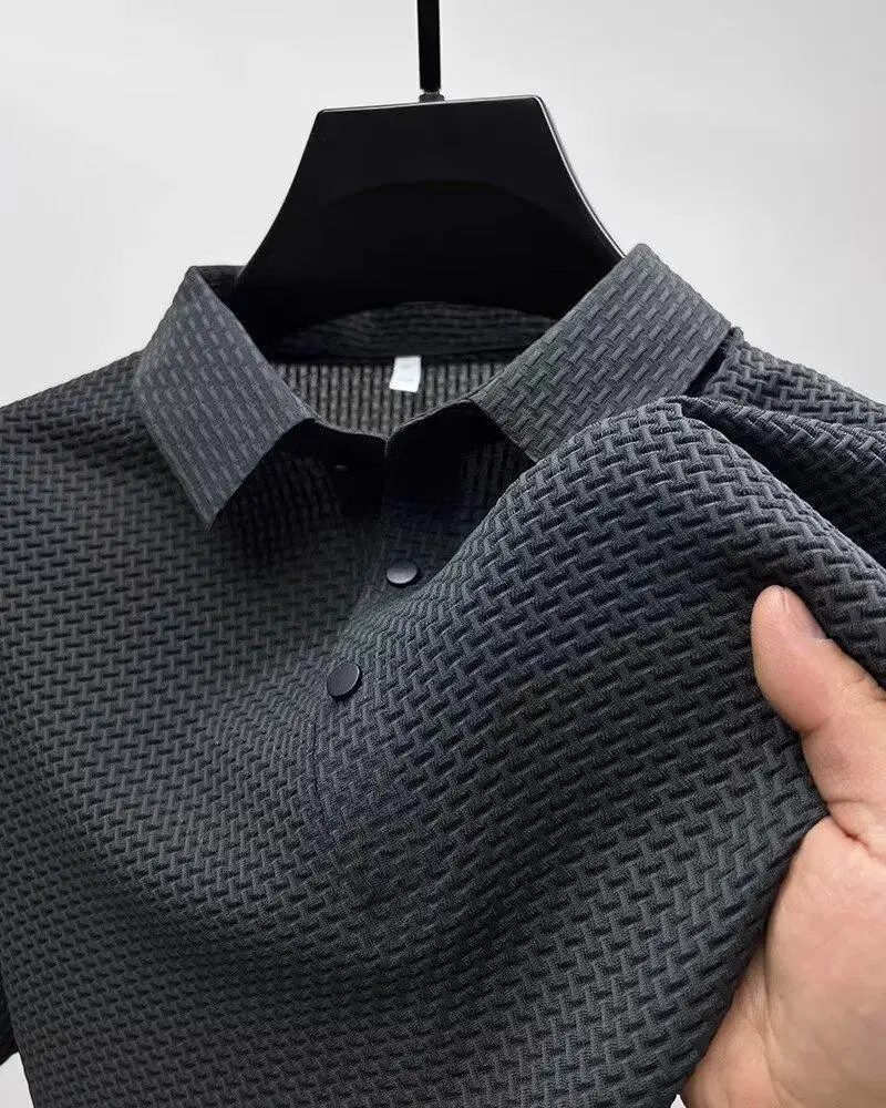 Men Bamboo Waffle Polo T-Shirt Dark Blue Short Sleeve — feature 6