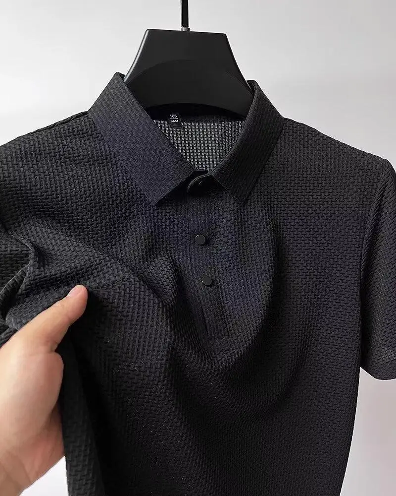Men Bamboo Waffle Polo T-Shirt Dark Blue Short Sleeve — feature 7