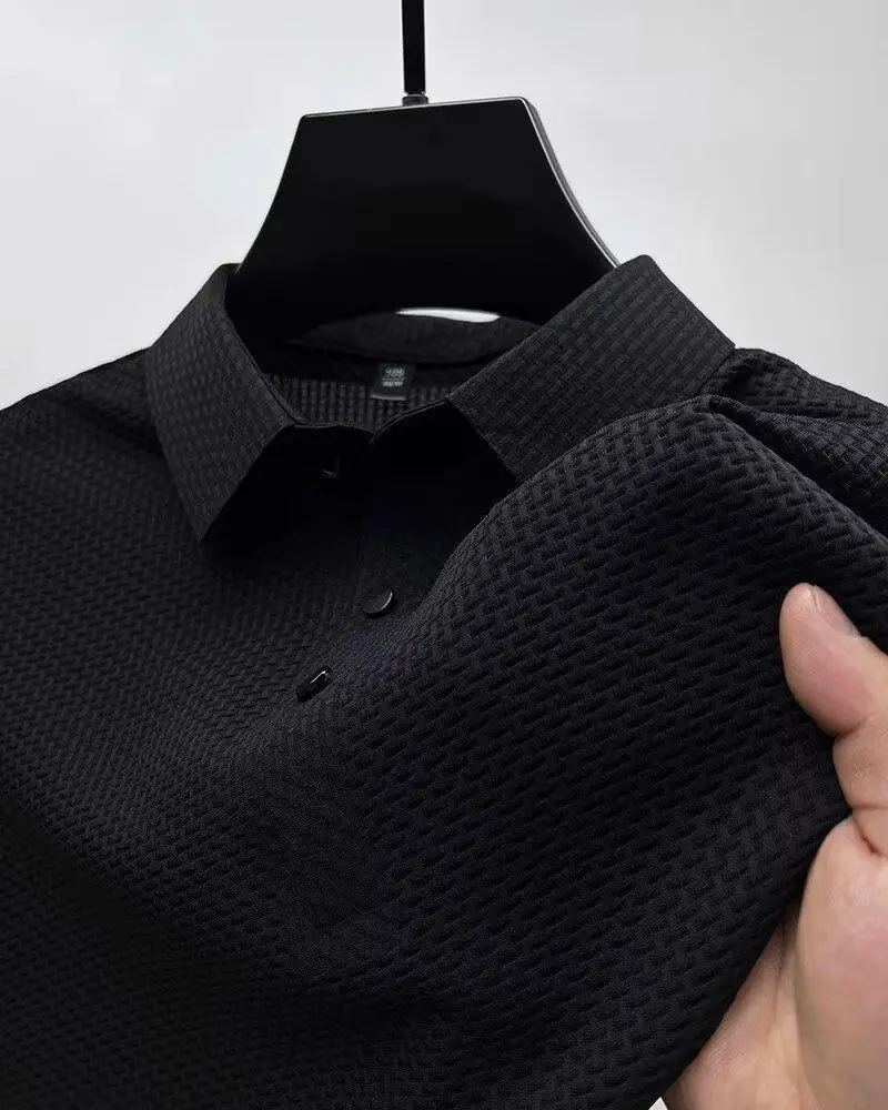 Men Bamboo Waffle Polo T-Shirt Dark Blue Short Sleeve — feature 8