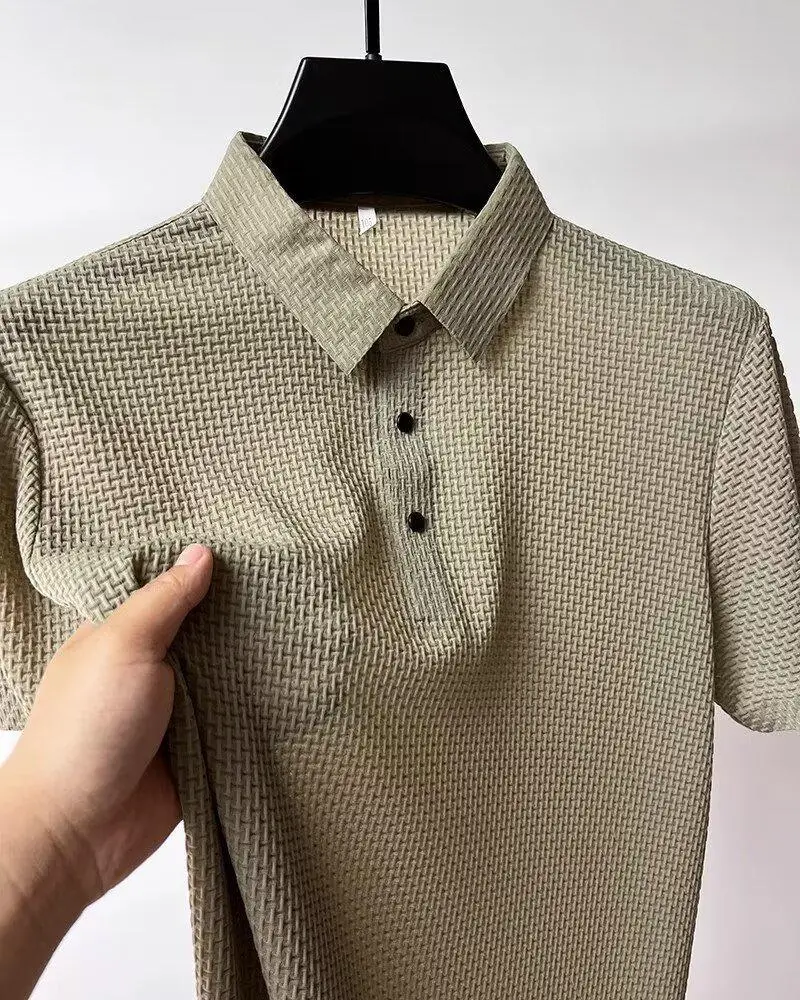 Men Bamboo Waffle Polo T-Shirt Dark Blue Short Sleeve — feature 9