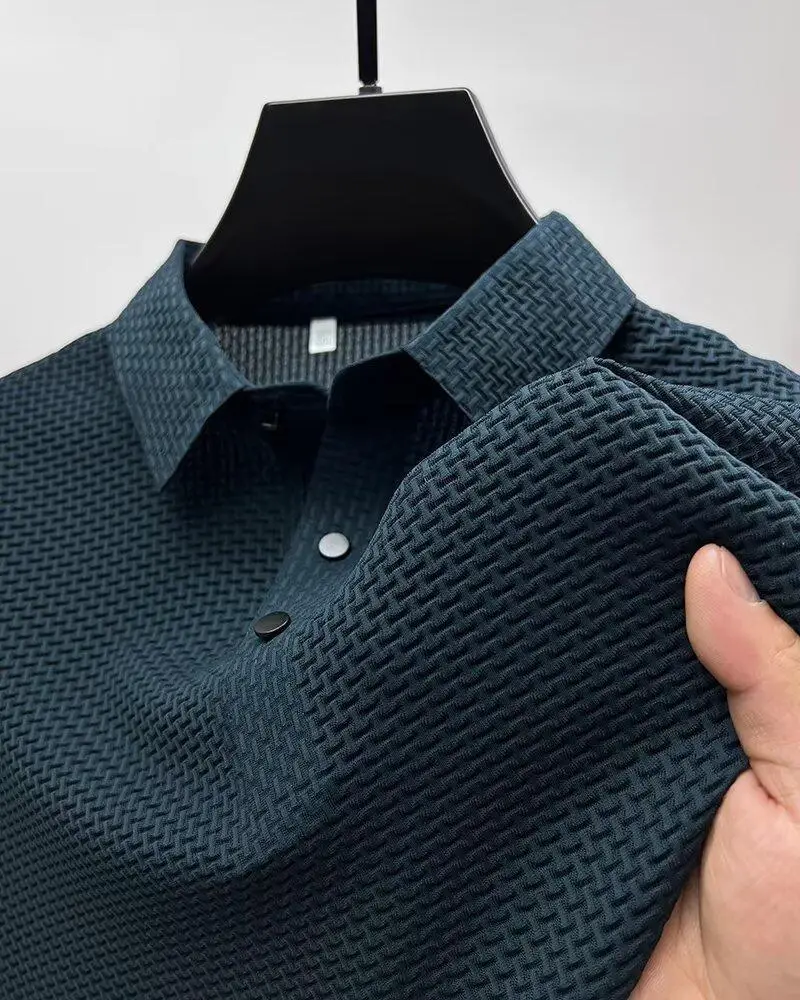 Men Bamboo Waffle Polo T-Shirt Dark Blue Short Sleeve