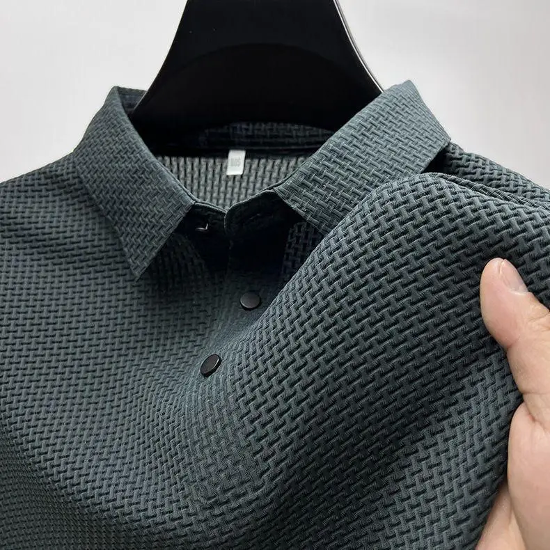 Men Bamboo Waffle Polo T-Shirt Dark Blue Short Sleeve