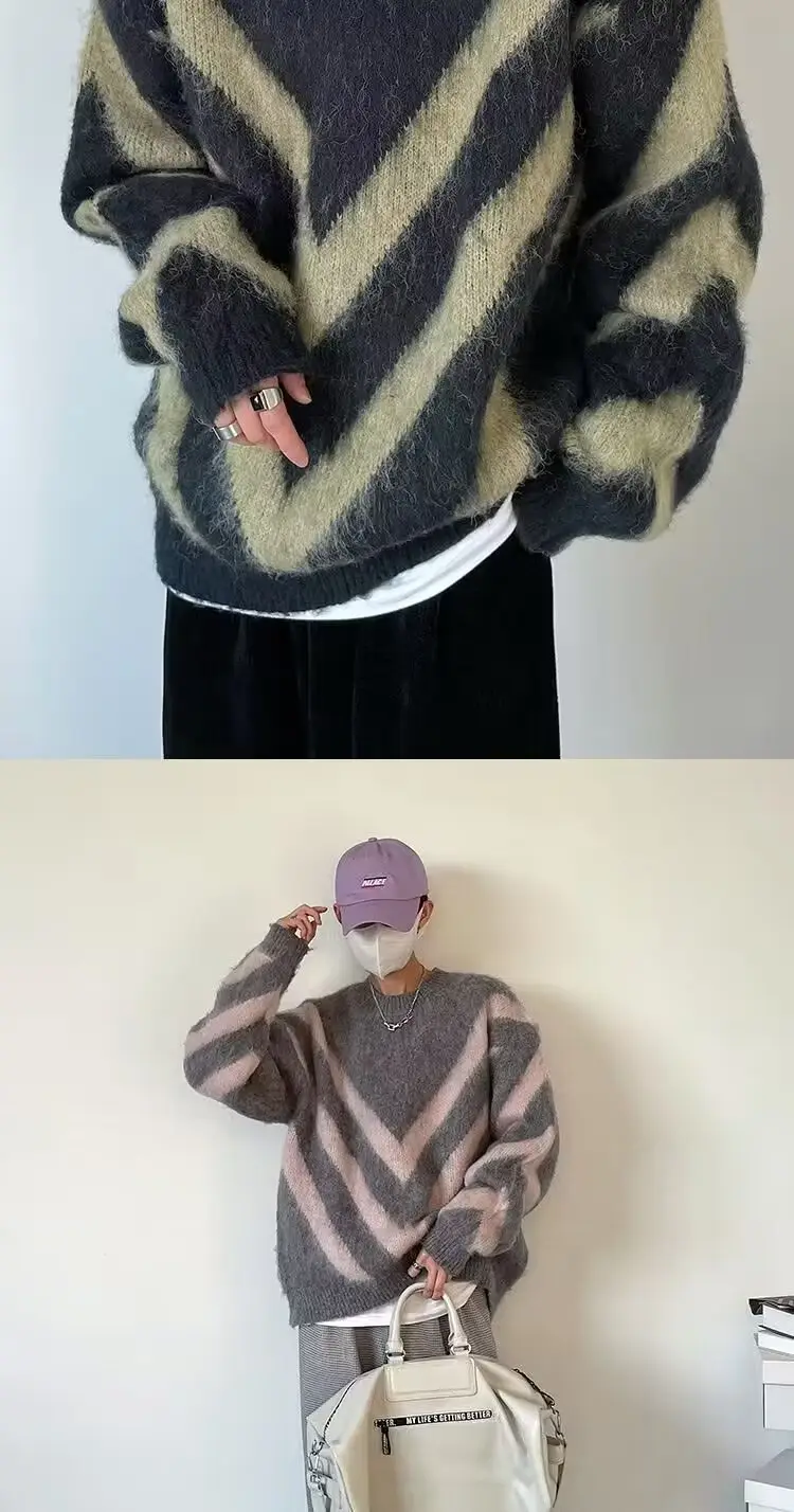 Men's Retro Rhomboid Striped Wool Sweater Grey Beige — feature 8