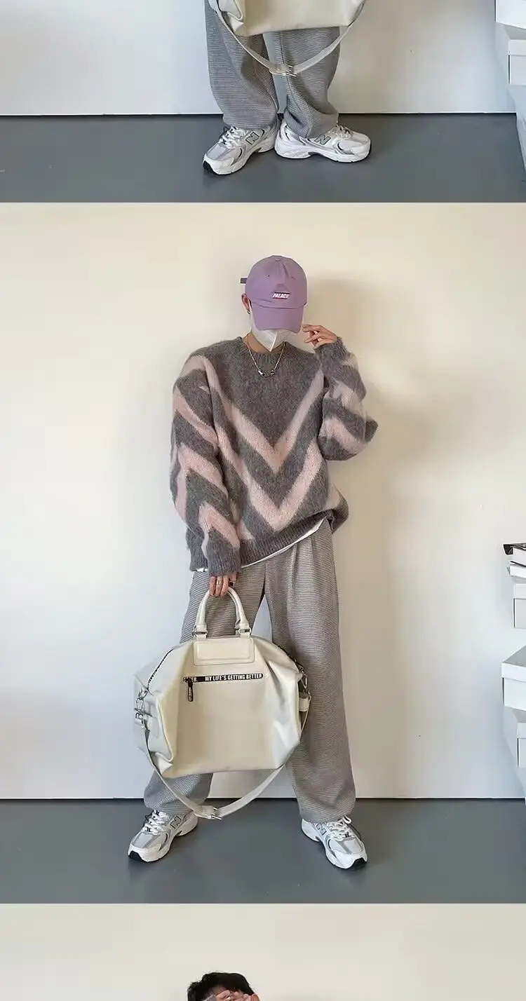 Men's Retro Rhomboid Striped Wool Sweater Grey Beige — feature 9