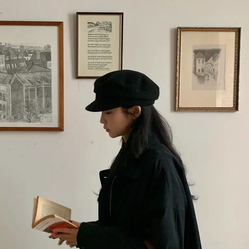 Black Wool Flat Cap Women British Retro Winter Hat