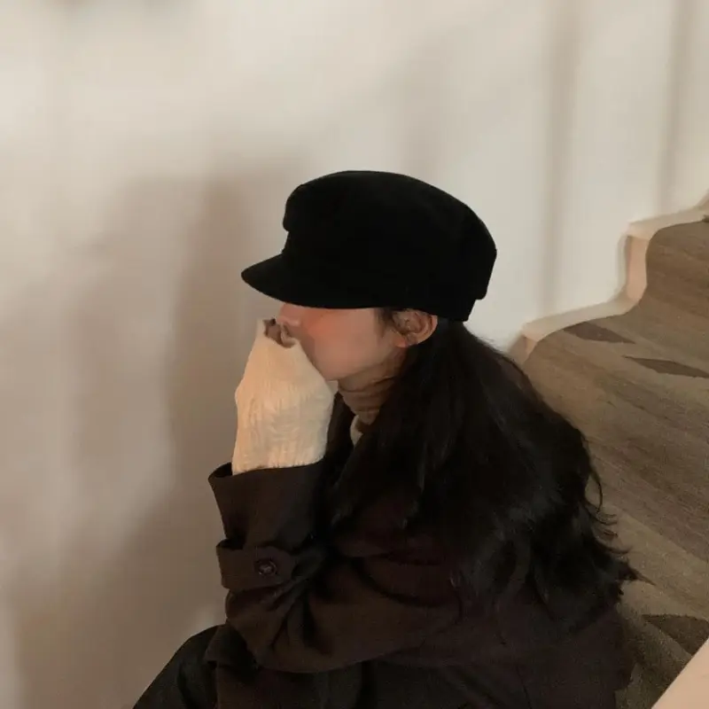 Black Wool Flat Cap Women British Retro Winter Hat