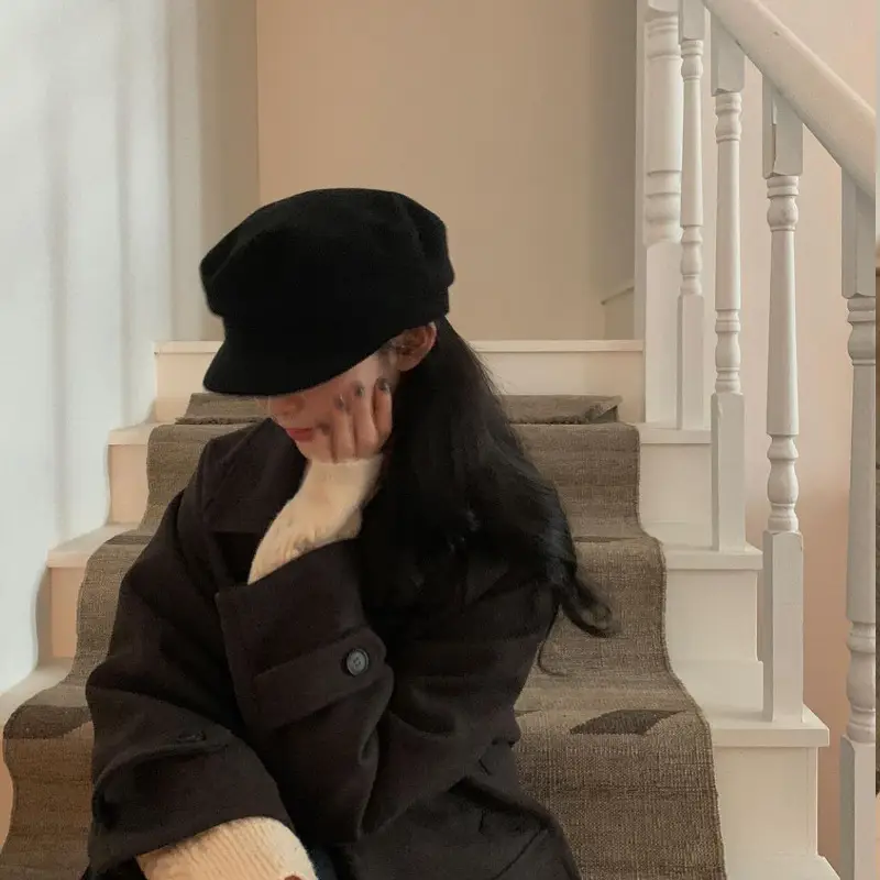 Black Wool Flat Cap Women British Retro Winter Hat