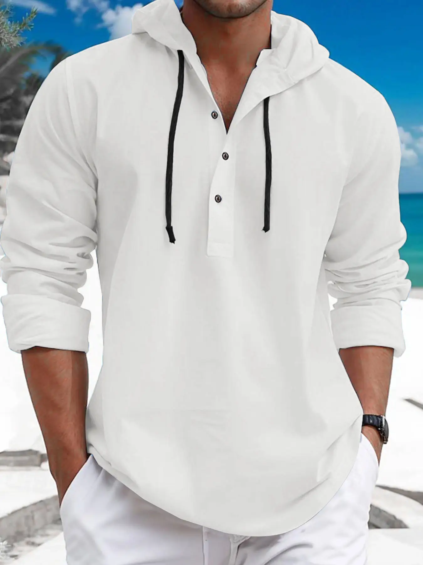 Men's White Hooded Sweatshirt Long Sleeve Cotton — feature 10