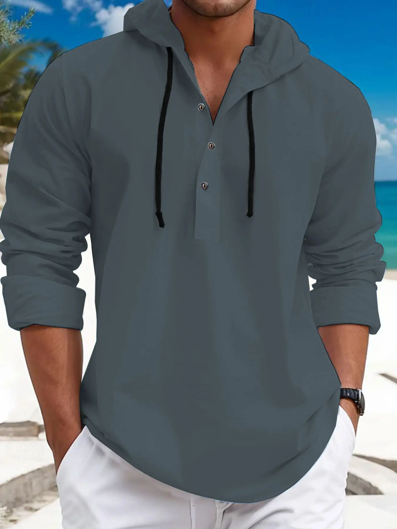 Men's White Hooded Sweatshirt Long Sleeve Cotton — feature 11