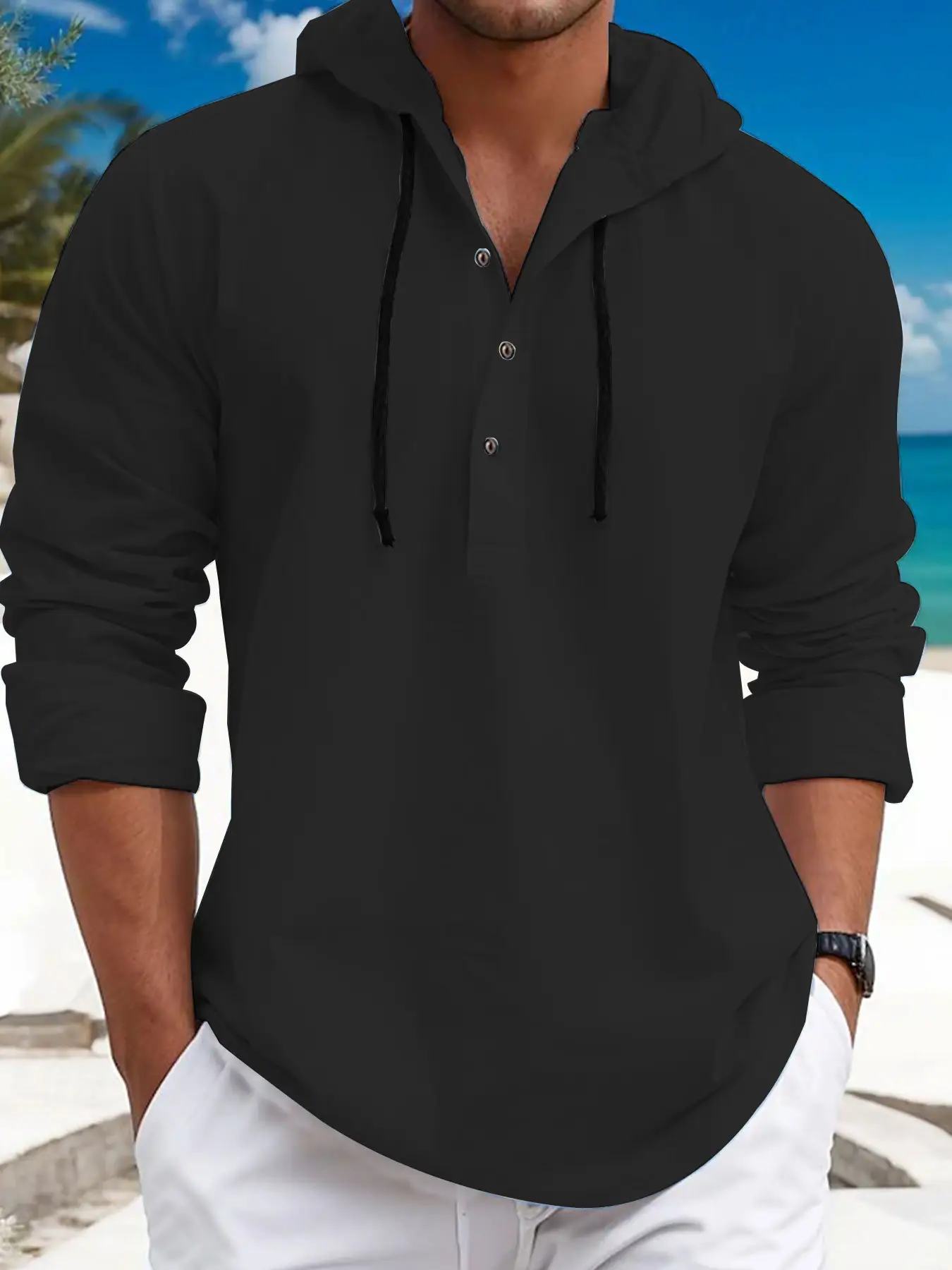 Men's White Hooded Sweatshirt Long Sleeve Cotton — feature 9